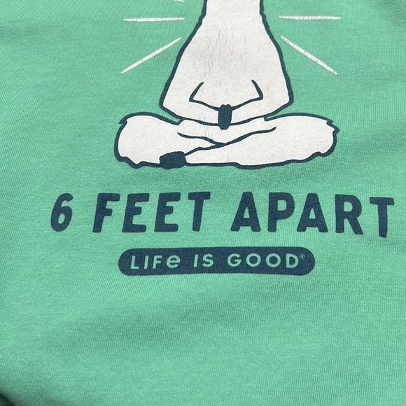 Life Is Good Namastay Llamastay 6 Feet Apart Llama Teal T Shirt Sz M EUC - Picture 6 of 9